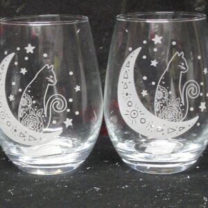 Set of 2 Witchy Cat Moon Stemless Wine Glasses